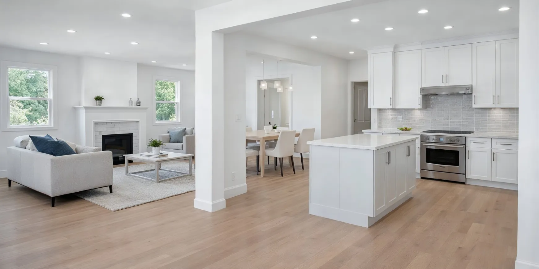 Modern open concept home remodeling in Los Angeles with updated kitchen, living room, and interior finishes