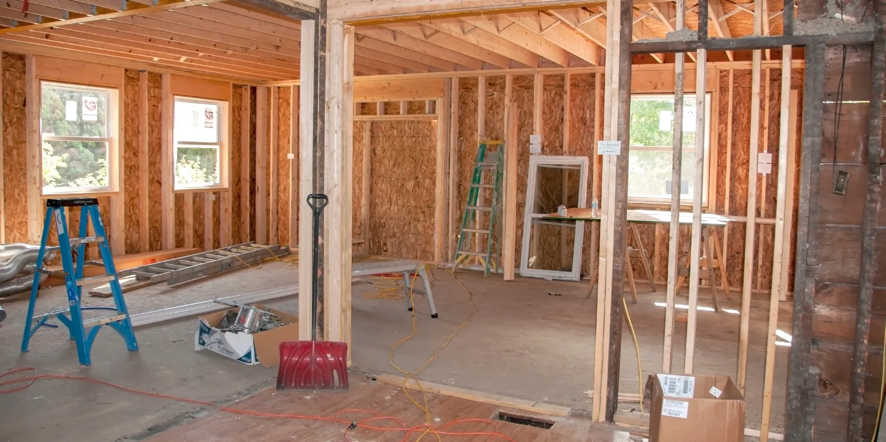 Home remodeling project in Los Angeles showing interior demolition and framing stage before renovation