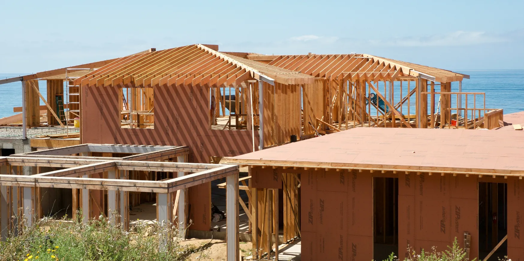 New home construction in Los Angeles showing residential house framing and structural build process